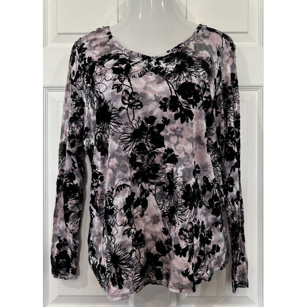 Simply Vera Wang Velvet Flocked Floral V Neck Top LS Shirt Women's XL